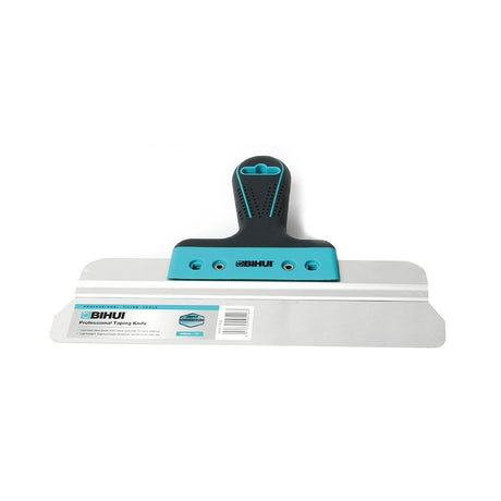 Bihui 300mm professional taping knife with turquoise and black handle on white blade, displayed with product packaging showing branding and specifications