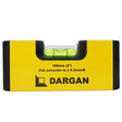 Dargan yellow and black pocket level with magnetic base, 100mm length, showing green spirit vial and accuracy rating of 0.5mm/M