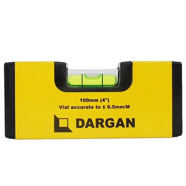 Dargan yellow and black pocket level with magnetic base, 100mm length, showing green spirit vial and accuracy rating of 0.5mm/M