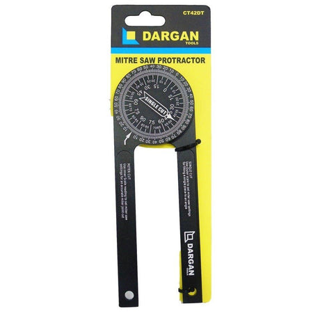 Dargan CT42DT mitre saw protractor with black handles and yellow packaging, featuring a circular degree dial marked 0-360 degrees for measuring angles