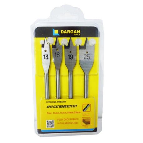 Dargan 4 piece flat wood drill bit set in clear plastic packaging showing four high carbon steel bits sized 13mm, 16mm, 19mm and 25mm with white knurled handles on yellow backing card