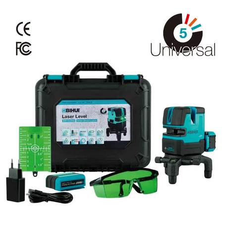 BIHUI self-levelling green laser level kit in black carrying case with turquoise accents, including laser projector, green safety glasses, target plate, charger and cables, displayed with CE and FCC certification marks