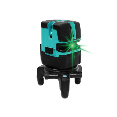 Bihui self-levelling laser level with turquoise and black housing, emitting bright green laser beam, mounted on black tripod base with adjustable legs