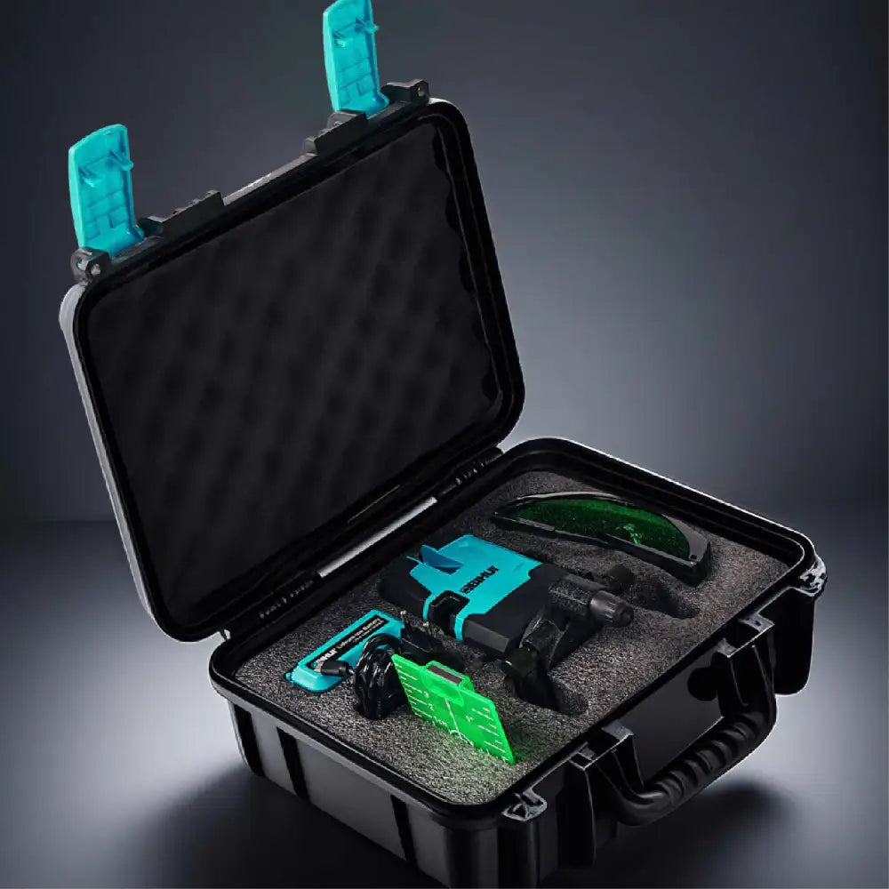 Open protective carrying case displaying Bihui self-levelling laser level kit with cyan blue and black components including laser device, green laser module, measurement tool, and accessories arranged on grey foam padding