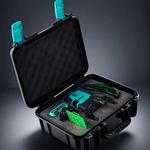 Open protective carrying case displaying Bihui self-levelling laser level kit with cyan blue and black components including laser device, green laser module, measurement tool, and accessories arranged on grey foam padding
