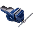 Blue cast iron bench vise with 6 inch jaw width, featuring serrated steel jaws, metal screw handle and fixed base, displayed against white background