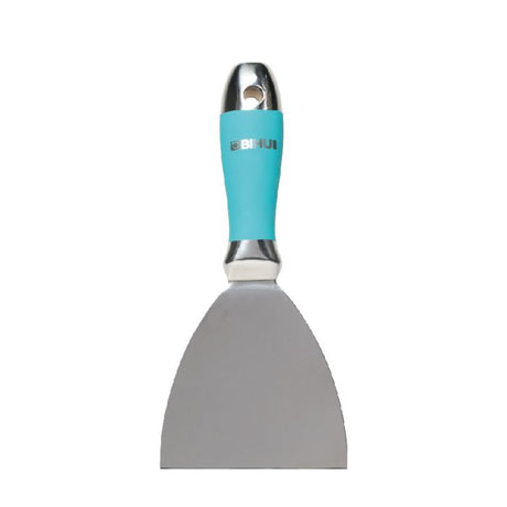 Bihui 4 inch putty scraper with turquoise rubber grip handle, stainless steel blade and chrome ferrule on white background