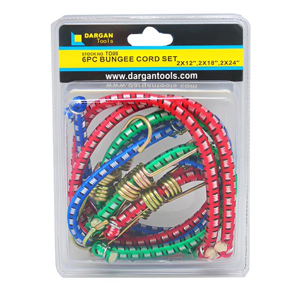 Dargan 6 piece bungee cord set in red, blue and green with metal hooks displayed in clear packaging showing sizes 2x12, 2x18 and 2x24 inches