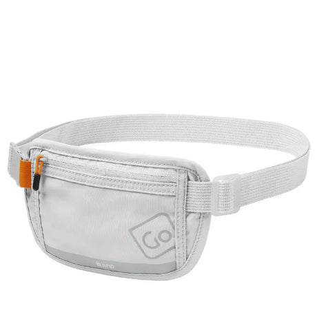 Grey RFID security waist pouch with white fabric belt and orange accent clips, designed for concealed money and documents storage while traveling