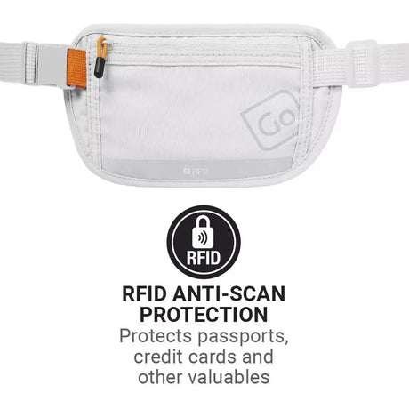 Grey RFID blocking waist pouch with orange zipper pull and adjustable white strap, featuring RFID anti-scan protection technology for passports and credit cards