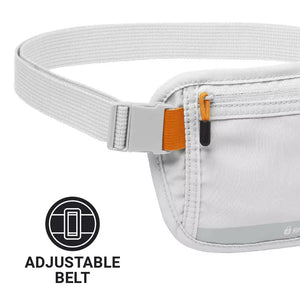 Go Travel Secret Waist Money Minder grey travel pouch with adjustable white webbing belt and plastic buckle clasp, featuring orange and black zipper pulls