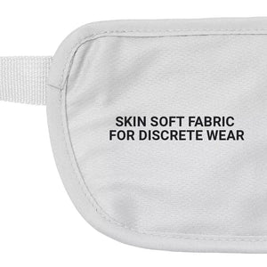 Grey fabric waist pouch with adjustable strap showing skin-soft fabric for discrete wear detail text on front