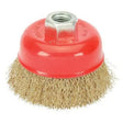 Dargan crimped wire cup brush with red plastic housing and brass-colored wire bristles, M14 thread attachment, 3 inch diameter for angle grinder use