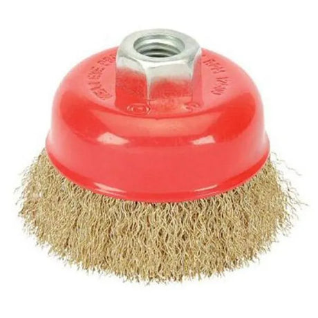 Dargan crimped wire cup brush with red plastic housing and brass-colored wire bristles, M14 thread attachment, 3 inch diameter for angle grinder use