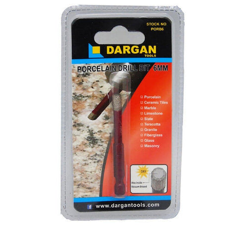 Dargan 6mm porcelain drill bit in clear plastic blister packaging showing product image with red handle and specifications for drilling porcelain, ceramic tiles, marble and masonry materials