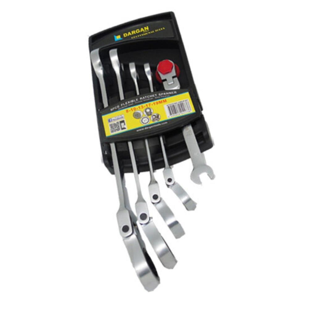 Dargan 5-piece flexible ratchet wrench set with chrome steel heads and black handles in retail packaging with red ratchet mechanism button