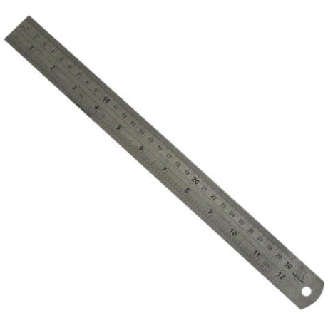 Dargan steel rule 12 inch metric measuring ruler with grey metal construction and numbered centimeter markings, displayed at an angle on white background