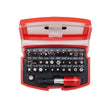 Red and black 32-piece screwdriver bit set with magnetic holder, featuring various Phillips, flathead, and star bits organized in a compact case with red handle and clear lid