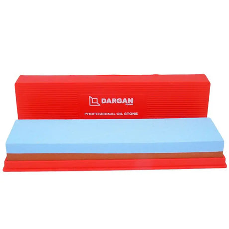Dargan Professional double sided oil stone featuring blue and brown abrasive surfaces with red plastic case and holders for sharpening tools