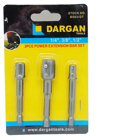 Dargan Tools 3-piece power extension bar set in 1/4 inch 3/8 inch and 1/2 inch sizes displayed on yellow packaging with stock number BS03/DT