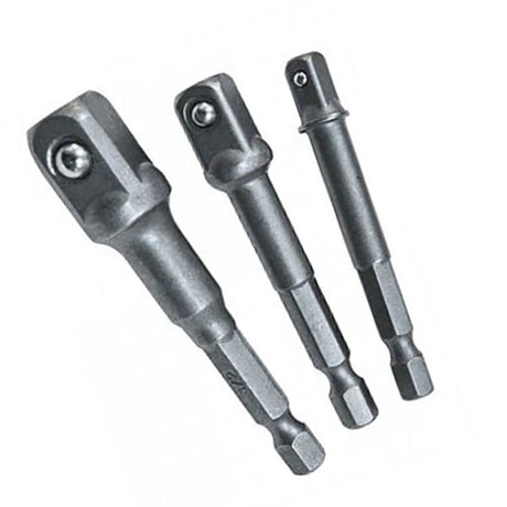 Three piece metal extension power bar set with hex shank bits in grey steel finish, showing ball bearing sockets and varying lengths for power drill use