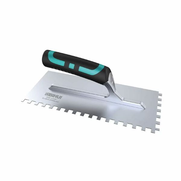 Bihui Square Notch Pro Trowel 8mm with silver metal blade and black handle with teal accents, showing square notched pattern on blade surface