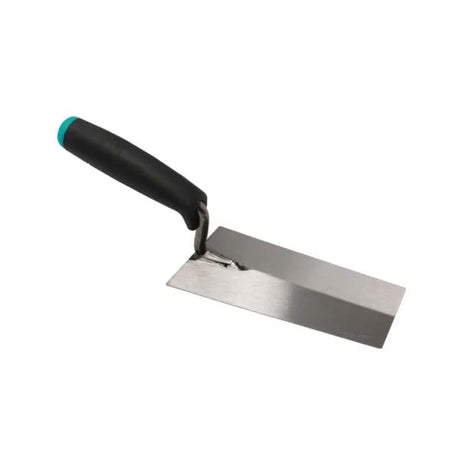 Bihui 160mm bucket trowel with black ergonomic handle and turquoise accent, stainless steel blade on white background