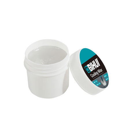 White plastic jar of Bihui Cooling Wax 50ml with turquoise and black label, shown open and closed side by side against white background