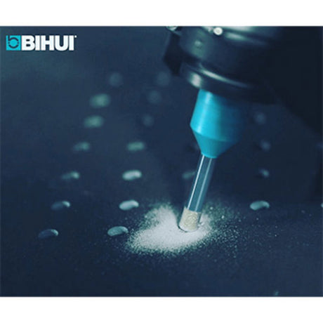 Bihui diamond brazed tile drill bit 8mm M14 with blue coating drilling into ceramic tile on dark background showing precision drilling action