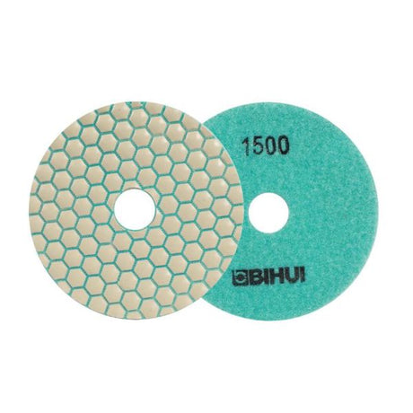 Bihui 4 inch dry diamond polishing pad showing circular abrasive surface with gray, tan and turquoise colored diamond polishing segments arranged in a textured pattern against white background