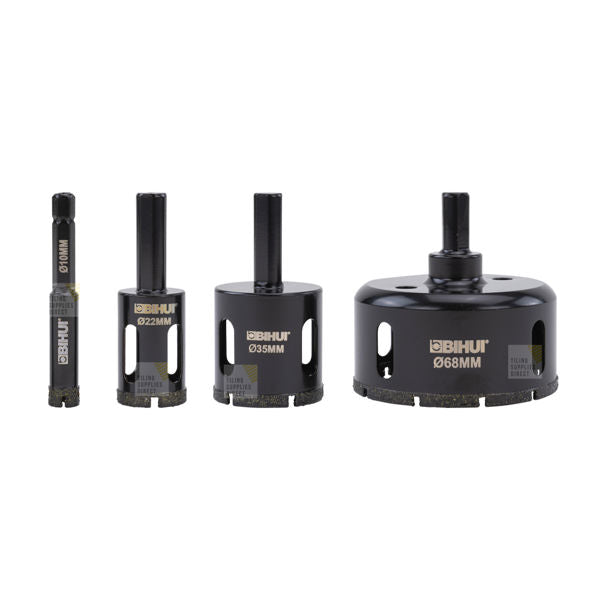 Four black Bihui professional diamond hole saws of increasing sizes arranged left to right, displaying 8mm, 22mm, 33mm and 68mm drill bits with diamond-coated cutting heads and metal shanks on white background