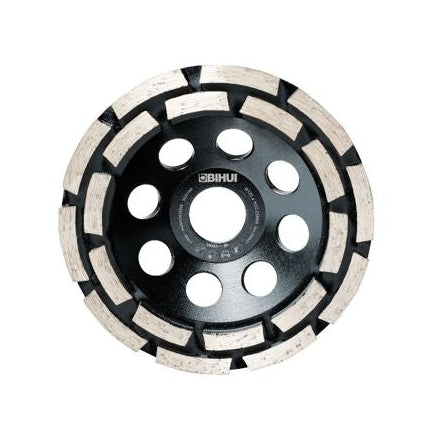 Bihui Professional Grind diamond cup wheel disc with black steel body, grey diamond segments, and central mounting holes for concrete grinding and stone polishing applications