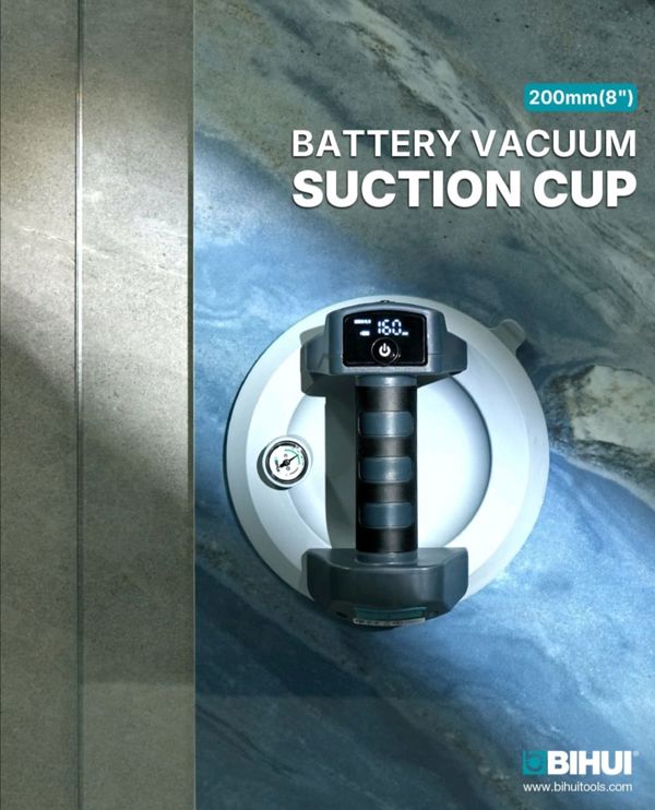 Bihui BPTT manual tile lifter with suction cups showing product packaging and device details in blue and black colors against pixelated background