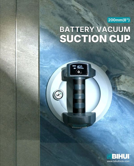 Bihui BPTT manual tile lifter with suction cups showing product packaging and device details in blue and black colors against pixelated background