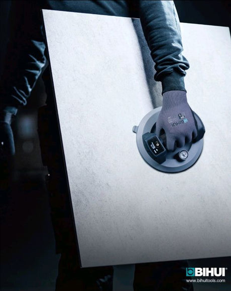 Bihui BPTT Manual and Battery Suction Cup 8 Inch Tile Lifter product image showing dual demonstration of the tool with white background and pixelated digital effect displaying the suction cup mechanism in gray and black tones