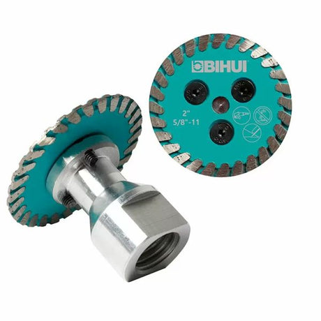 Bihui 50mm turbo cut and grinding wheel with M14 thread, featuring teal blue diamond-segmented disc and metallic silver arbor, shown front and side angles