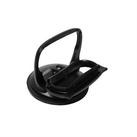Black aluminum alloy single head suction cup with ergonomic curved handle and wide base mounting pad, product shot on white background