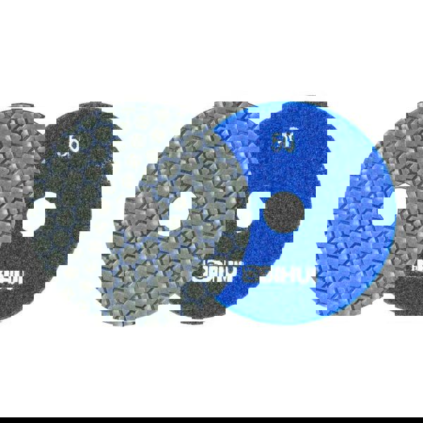 Bihui 4 inch dry diamond polishing pads displayed in a row showing gray, dark gray, and blue textured surfaces with pixelated stone-like pattern against white background