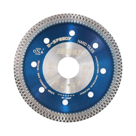 Bihui B Speedy 115mm diamond cutting blade with segmented grey and blue diamond edge showing three circular saw blades against light blue background