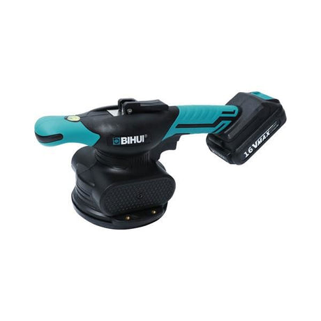 Bihui CVT vibration tile beater with turquoise and black body, featuring a suction cup base, ergonomic handle, and 1.6V battery pack attached to the side