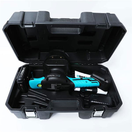 Bihui CVT vibration tile beater tool kit in black carrying case with blue and black power tool, accessories and instruction manual