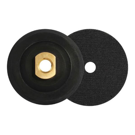 Black rubber backing pad with brass center nut and velcro attachment surface shown front and back view