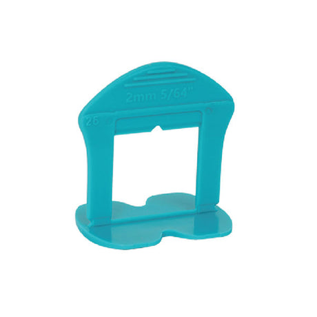 Turquoise plastic tile levelling clip with 2mm wedge spacer, front view showing open frame design for tile installation, 100 pack product