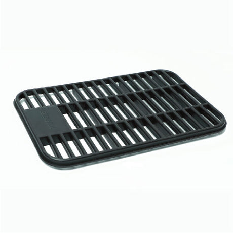 Black plastic dish drying rack with slatted design and drainboard tray for kitchen countertop storage