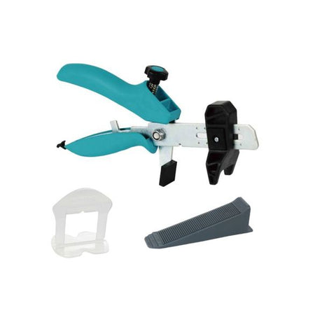 Bihui Tile Wedges Starter Kit showing 100 plastic level spacers in cyan blue, black and gray wedges, and silver pliers tool against white background