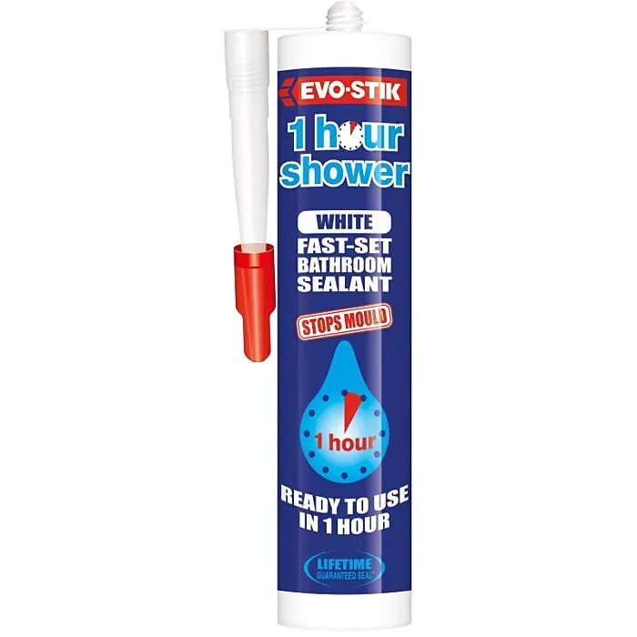 Evo-Stik 1 Hour Shower white fast-set bathroom sealant cartridge with red applicator nozzle on dark blue packaging featuring water droplet design and mould-stopping claims