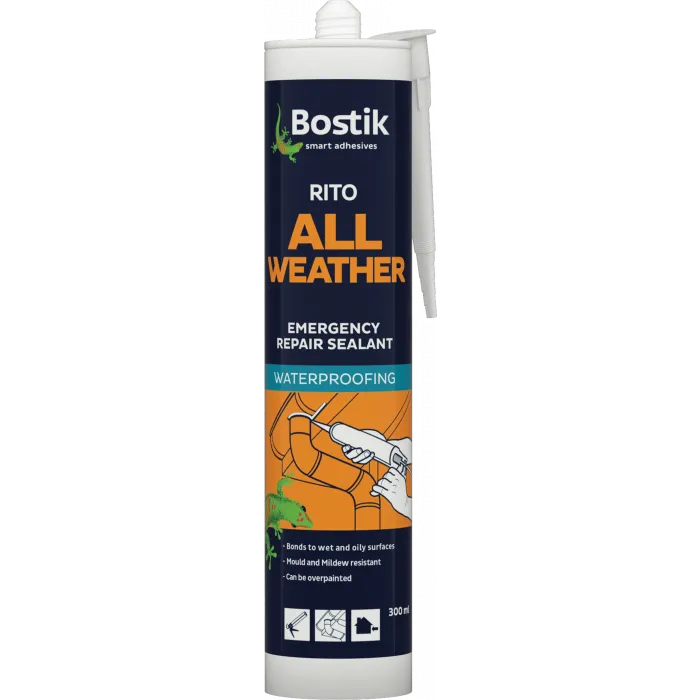 Bostik Rito All Weather Emergency Repair Sealant 300ml cartridge with white cap and dark navy blue label featuring orange accent panels and waterproofing graphics