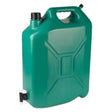 Green plastic water container with tap, 20 litre capacity, featuring carry handle and drain valve for portable water storage