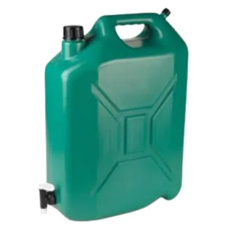 Green plastic water container with tap, 20 litre capacity, featuring carry handle and drain valve for portable water storage