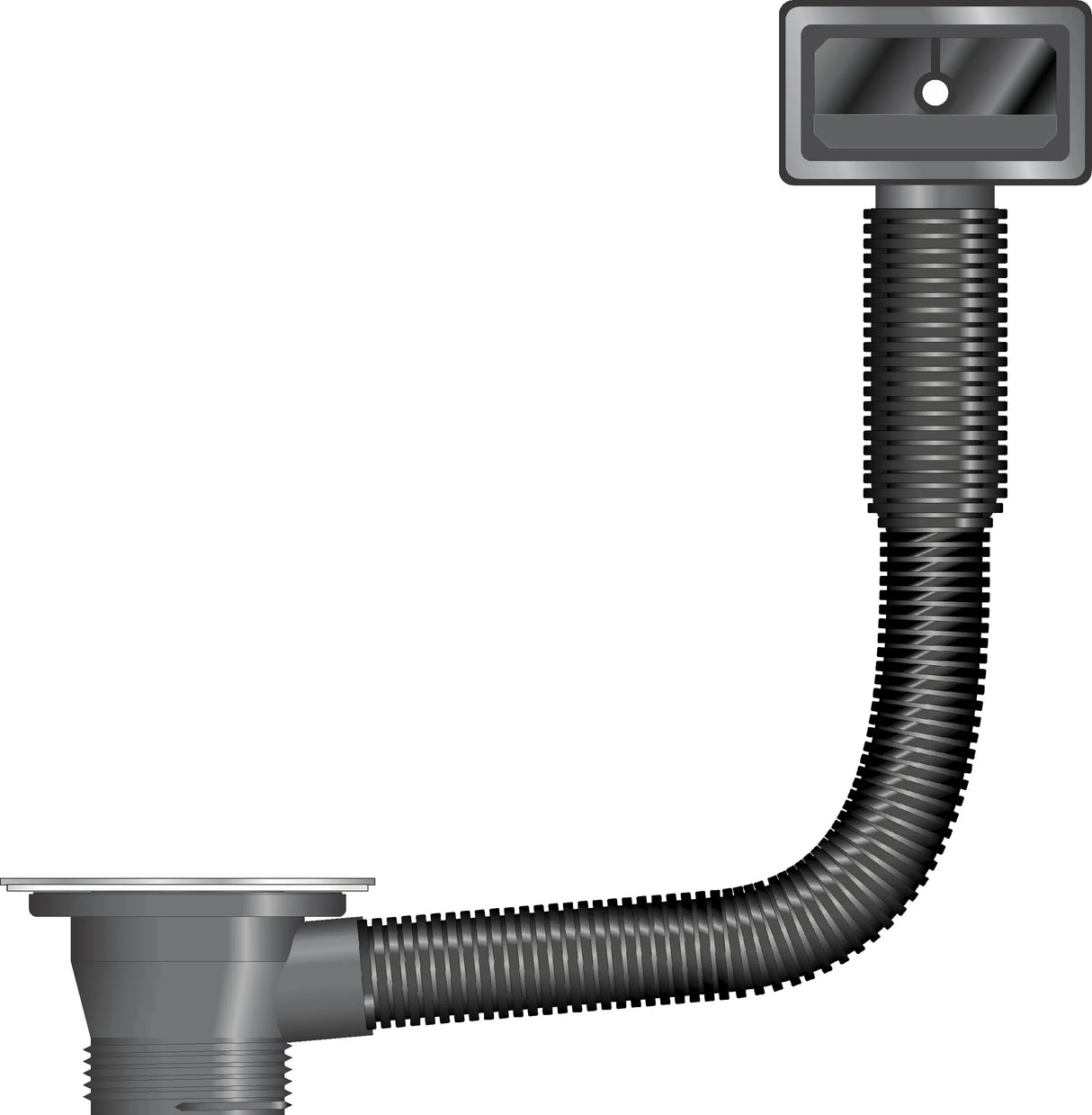 Black PVC sink waste set with rectangular overflow featuring a threaded pipe connector, curved flexible tubing, and wall-mounted overflow cover for 1 1/2 inch installation